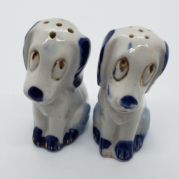 White Blue Gold Sad Eyed Dog Vintage Salt and Pepper Shaker - Picture 3 of 9